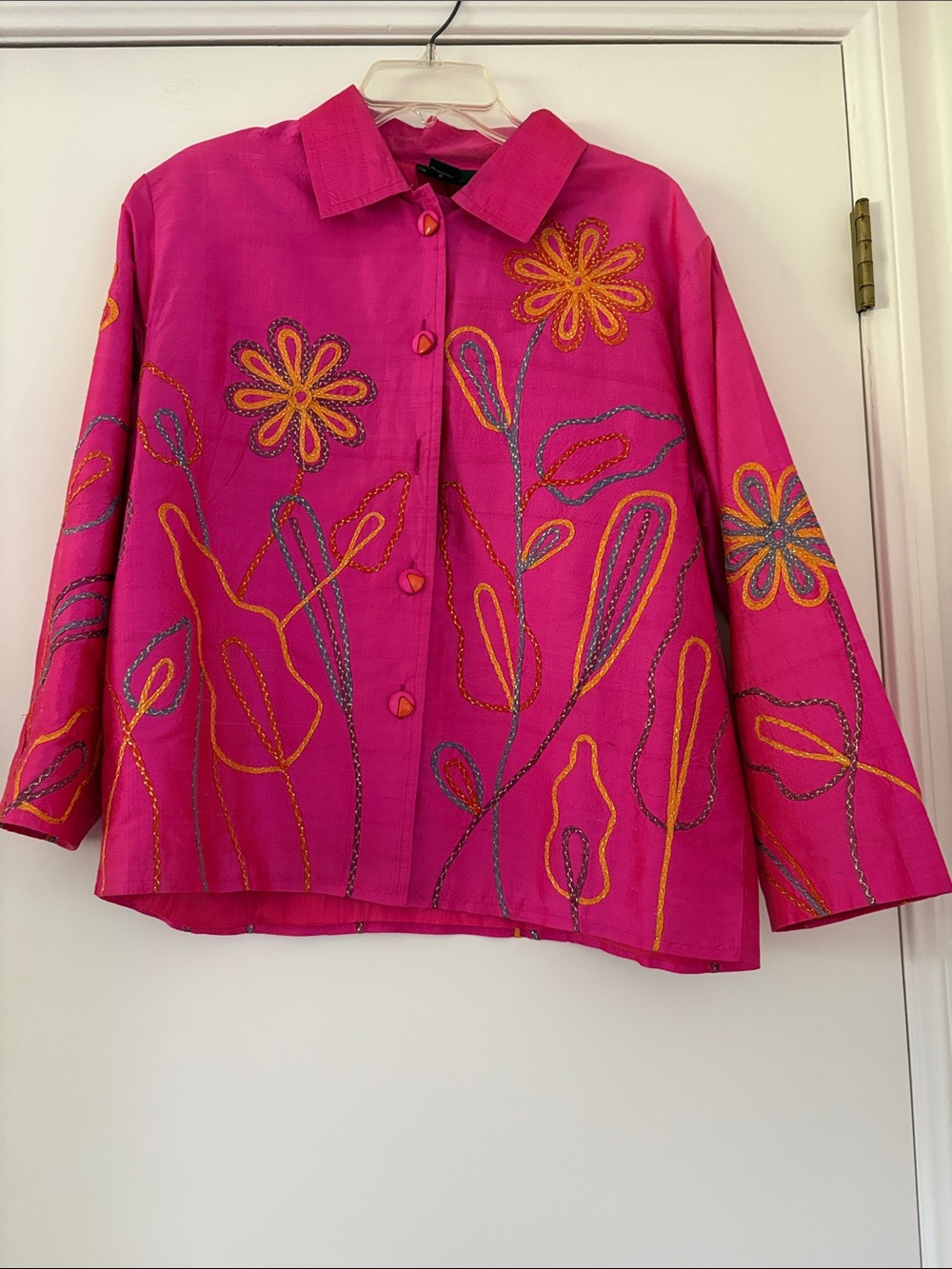 Daniel K Fuchsia Pink Silk Embroidered Floral Jacket Large